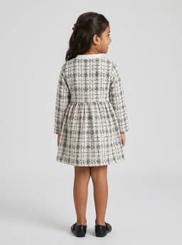Girls Off White and Black Tweed Long Sleeve Dress with Floral Applique