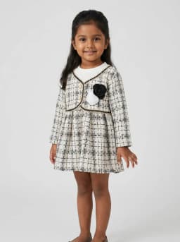 Girls Off White and Black Tweed Long Sleeve Dress with Floral Applique
