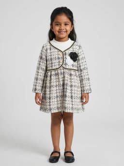 Girls Off White and Black Tweed Long Sleeve Dress with Floral Applique