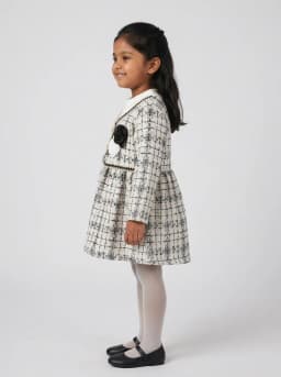 Girls Off White and Black Tweed Long Sleeve Dress with Floral Applique