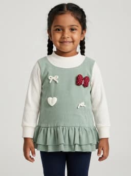 Girls Sage Green and Off-White Ribbed Top with Bow and Heart Appliques