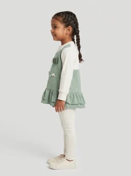 Girls Sage Green and Off-White Ribbed Top with Bow and Heart Appliques
