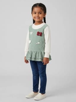 Girls Sage Green and Off-White Ribbed Top with Bow and Heart Appliques