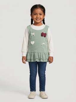 Girls Sage Green and Off-White Ribbed Top with Bow and Heart Appliques