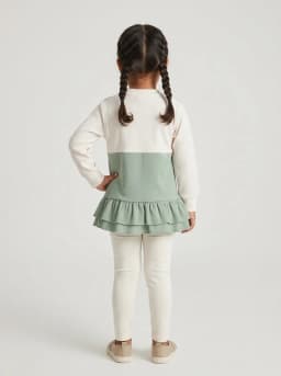 Girls Sage Green and Off-White Ribbed Top with Bow and Heart Appliques