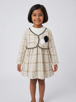 Girls Beige and Off-White Tweed Style Long Sleeve Party Dress with Rosettes