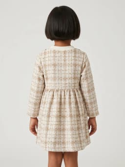 Girls Beige and Off-White Tweed Style Long Sleeve Party Dress with Rosettes