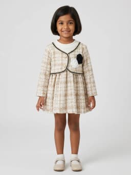 Girls Beige and Off-White Tweed Style Long Sleeve Party Dress with Rosettes