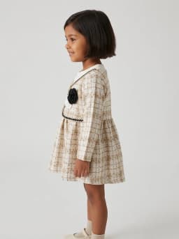 Girls Beige and Off-White Tweed Style Long Sleeve Party Dress with Rosettes