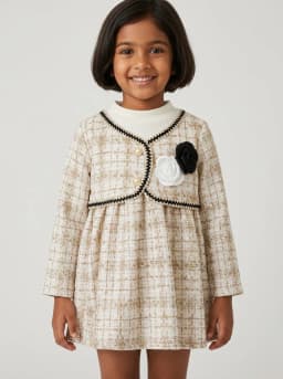 Girls Beige and Off-White Tweed Style Long Sleeve Party Dress with Rosettes