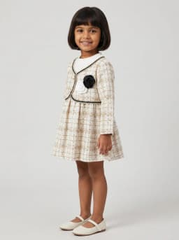 Girls Beige and Off-White Tweed Style Long Sleeve Party Dress with Rosettes