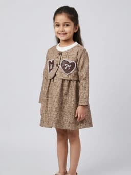 Girls Brown Textured Tweed Pattern Long Sleeve Dress with Heart Patches