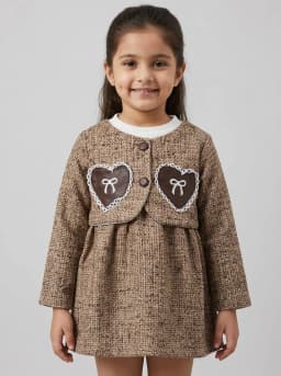 Girls Brown Textured Tweed Pattern Long Sleeve Dress with Heart Patches