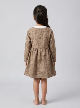 Girls Brown Textured Tweed Pattern Long Sleeve Dress with Heart Patches