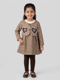 Girls Brown Textured Tweed Pattern Long Sleeve Dress with Heart Patches