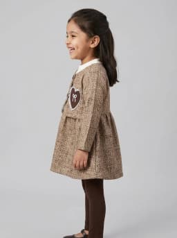 Girls Brown Textured Tweed Pattern Long Sleeve Dress with Heart Patches