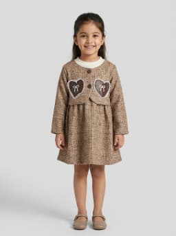 Girls Brown Textured Tweed Pattern Long Sleeve Dress with Heart Patches