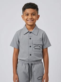 Boys Grey Textured Grid Shirt and Shorts Set