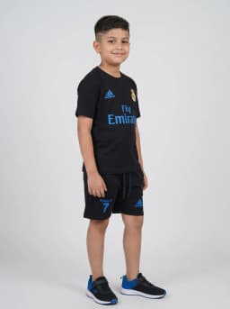 Boys Black Ronaldo 7 Printed Football Jersey T-Shirt and Shorts Set
