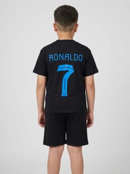 Boys Black Ronaldo 7 Printed Football Jersey T-Shirt and Shorts Set