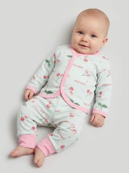 Baby Girls Pale Mint and Pink Cherry Print Long Sleeve Top and Pyjama Set
