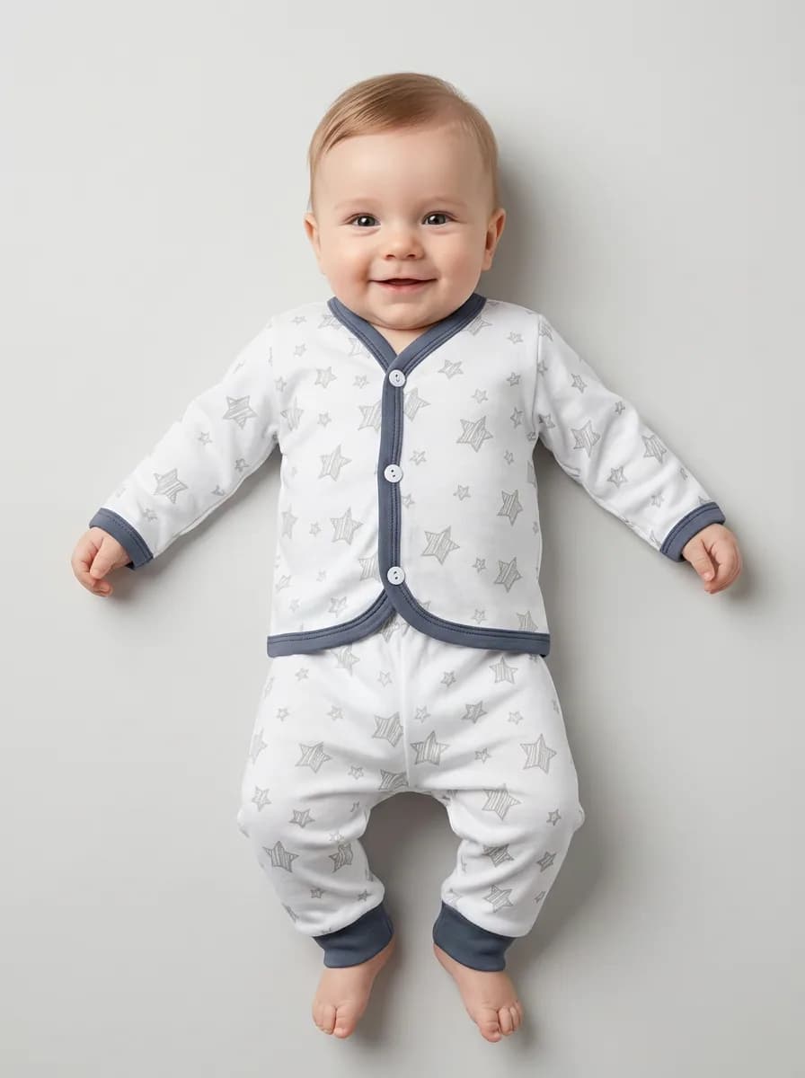 White and Grey Star Print 2-Piece Front-Open Top and Pajama Set