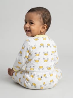 Baby White and Yellow Duck Print Front Open Top and Pyjama Set