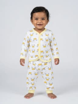Baby White and Yellow Duck Print Front Open Top and Pyjama Set