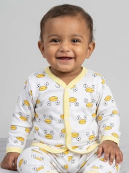 Baby White and Yellow Duck Print Front Open Top and Pyjama Set