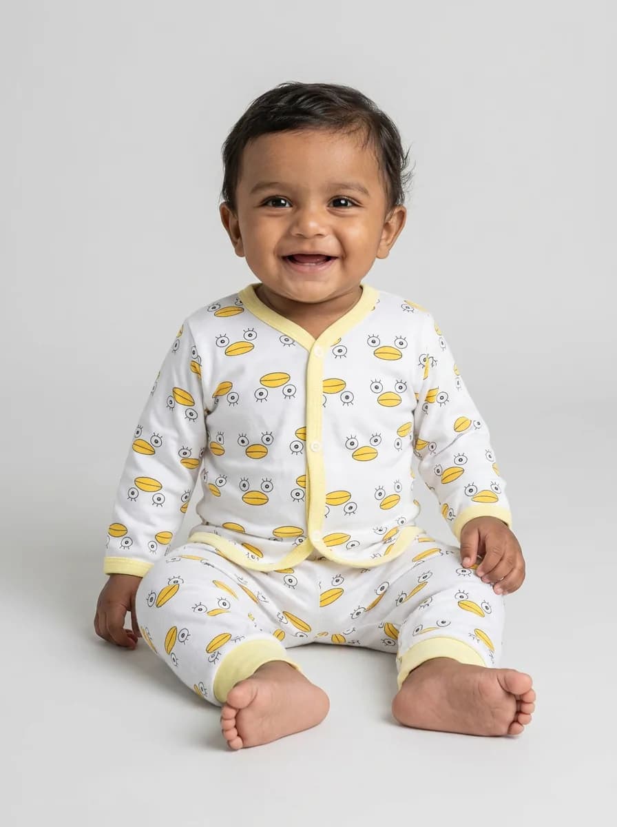 Baby White and Yellow Duck Print Front Open Top and Pyjama Set
