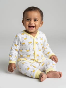 Baby White and Yellow Duck Print Front Open Top and Pyjama Set