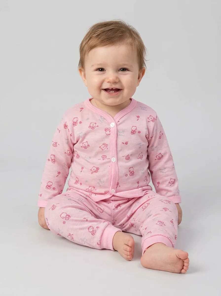Baby Pink Printed Full Sleeve Front Open Top and Pyjama Set