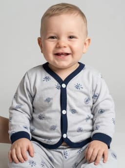 Light Grey and Navy Blue Printed Baby Cardigan Top and Pajama Set
