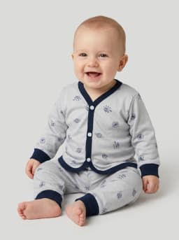 Light Grey and Navy Blue Printed Baby Cardigan Top and Pajama Set