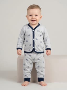 Light Grey and Navy Blue Printed Baby Cardigan Top and Pajama Set