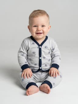 Light Grey and Navy Blue Printed Baby Cardigan Top and Pajama Set