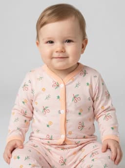Baby Pale Pink Cherry and Floral Print Full Sleeve Top and Pajama Set