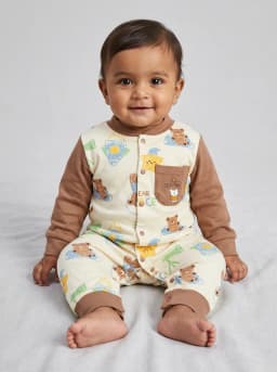 Baby Boys Cream and Brown Bear Space Print Long Sleeve Romper Sleepsuit