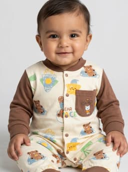 Baby Boys Cream and Brown Bear Space Print Long Sleeve Romper Sleepsuit