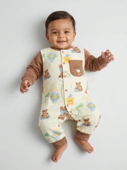 Baby Boys Cream and Brown Bear Space Print Long Sleeve Romper Sleepsuit