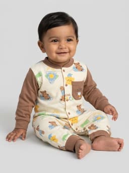 Baby Boys Cream and Brown Bear Space Print Long Sleeve Romper Sleepsuit