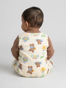 Baby Boys Cream and Brown Bear Space Print Long Sleeve Romper Sleepsuit