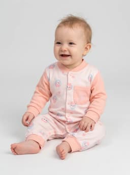 Baby Girls Pastel Pink Cartoon Print Full Sleeve Romper with Pocket
