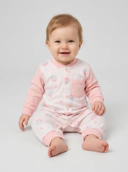 Baby Girls Pastel Pink Cartoon Print Full Sleeve Romper with Pocket