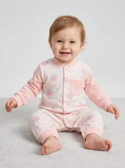 Baby Girls Pastel Pink Cartoon Print Full Sleeve Romper with Pocket