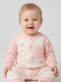 Baby Girls Pastel Pink Cartoon Print Full Sleeve Romper with Pocket