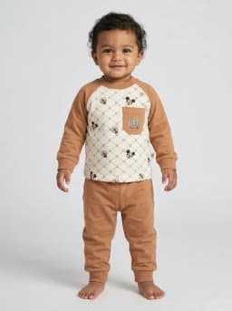 Baby Boys Off-White and Caramel Brown Printed Sweatshirt and Jogger Pants Set