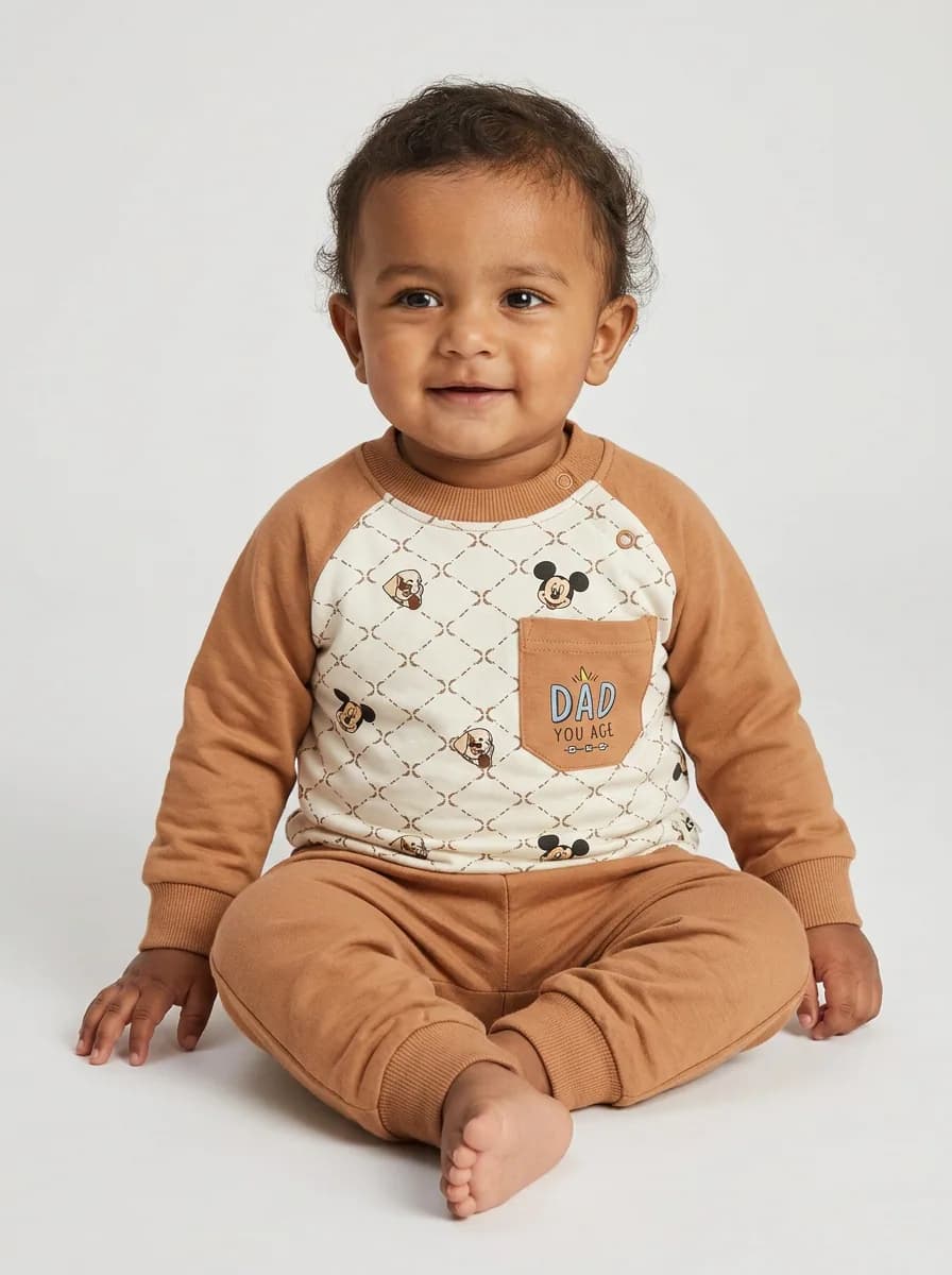 Baby Boys Off-White and Caramel Brown Printed Sweatshirt and Jogger Pants Set