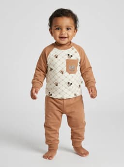 Baby Boys Off-White and Caramel Brown Printed Sweatshirt and Jogger Pants Set