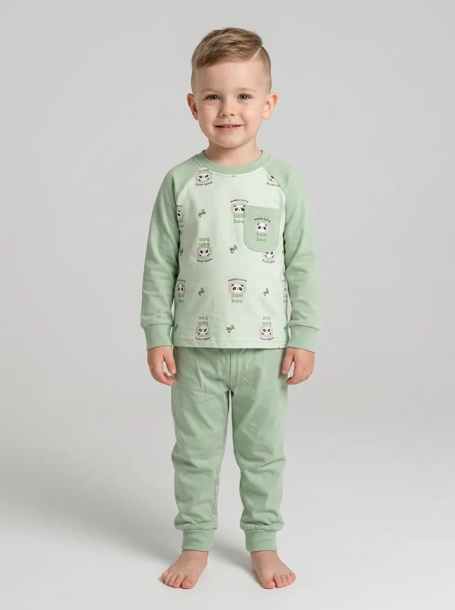 Baby Sage Green Panda Print Full Sleeve Top and Pajama Pants Set